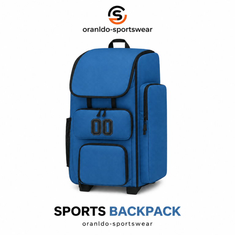 Premium Blue Sports Backpack by Oranldo Sportswear with multiple compartments on white background