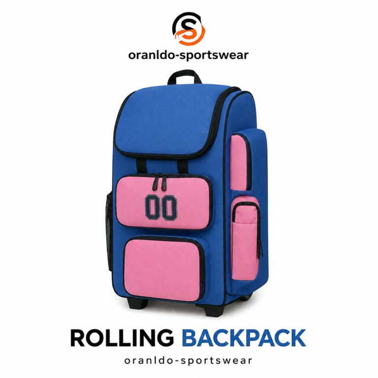Premium blue and pink rolling backpack by Oranldo Sportswear with durable wheels, telescopic handle, and spacious compartments for school and travel.