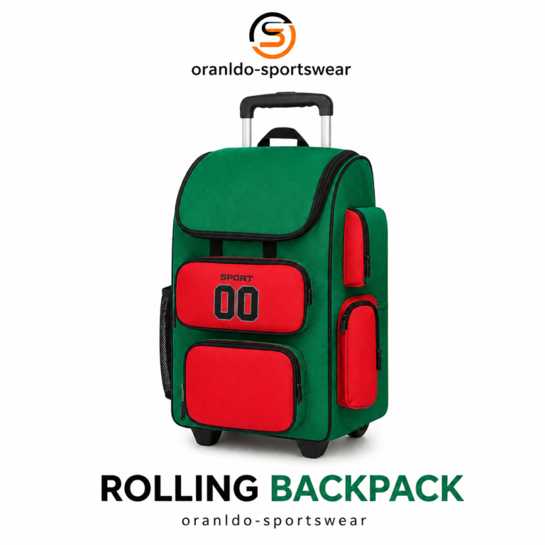 Premium green rolling backpack by Oranldo Sportswear with telescopic handle, durable wheels, multiple compartments, and water-resistant construction.